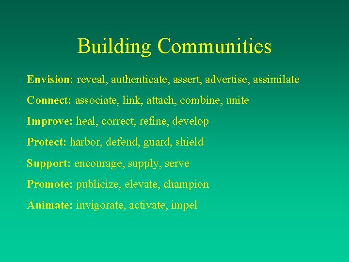 Building Communities Envision: reveal, authenticate, assert, advertise, assimilate Connect: associate, link, attach, combine, unite