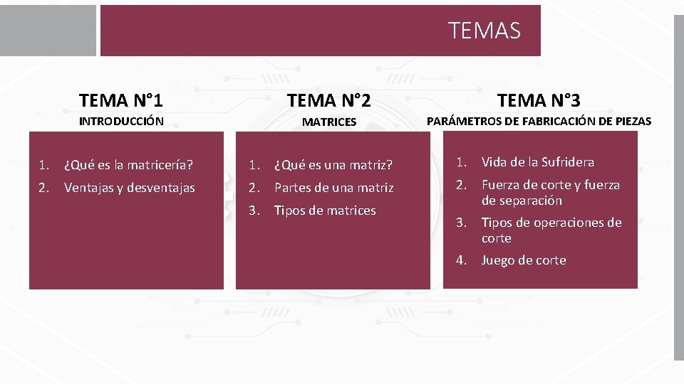 TEMAS TEMA N° 1 TEMA N° 2 TEMA N° 3 INTRODUCCIÓN MATRICES PARÁMETROS DE