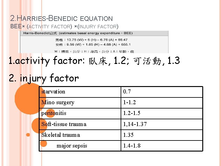 2. HARRIES-BENEDIC EQUATION BEE× (ACTIVITY FACTOR) ×(INJURY FACTOR) 1. activity factor: 臥床, 1. 2;