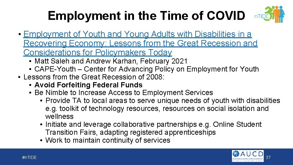 Employment in the Time of COVID • Employment of Youth and Young Adults with
