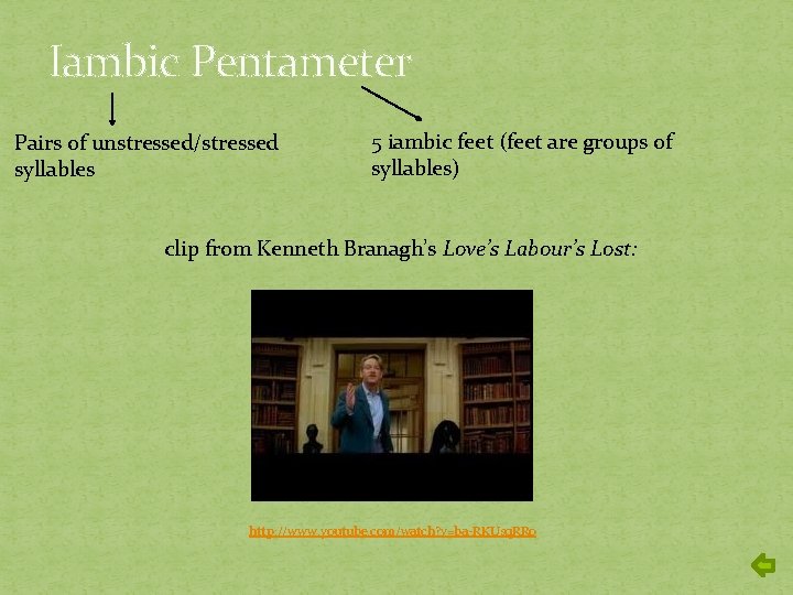 Iambic Pentameter Pairs of unstressed/stressed syllables 5 iambic feet (feet are groups of syllables)
