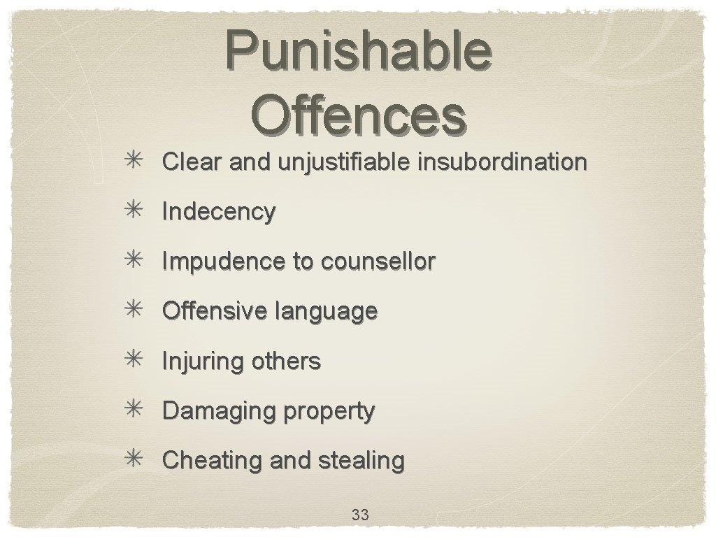 Punishable Offences Clear and unjustifiable insubordination Indecency Impudence to counsellor Offensive language Injuring others