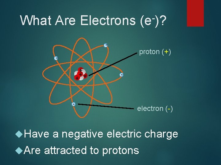 What Are Electrons (e-)? - proton (+) + + - Have - electron (-)