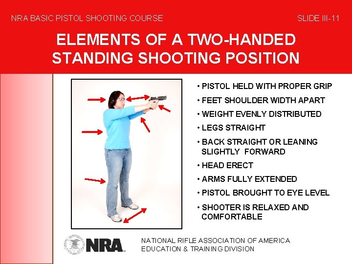 NRA BASIC PISTOL SHOOTING COURSE SLIDE III-11 ELEMENTS OF A TWO-HANDED STANDING SHOOTING POSITION