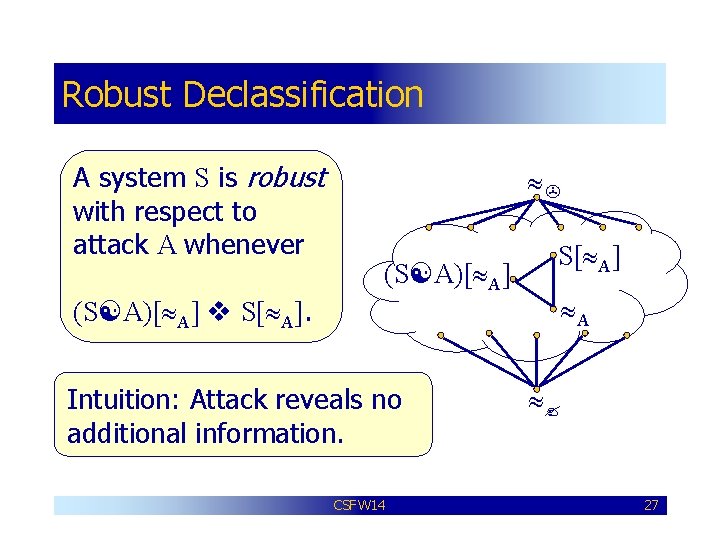 Robust Declassification A system S is robust with respect to attack A whenever (S
