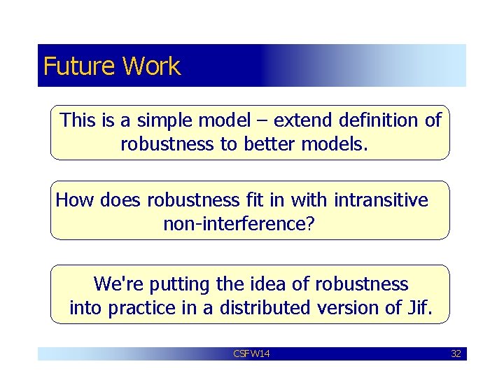 Future Work This is a simple model – extend definition of robustness to better