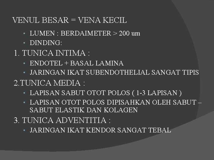 VENUL BESAR = VENA KECIL • LUMEN : BERDAIMETER > 200 um • DINDING: