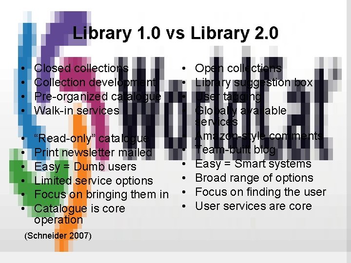Library 1. 0 vs Library 2. 0 • • Closed collections Collection development Pre-organized