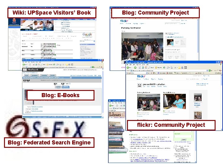 Wiki: UPSpace Visitors’ Book Blog: Community Project Blog: E-Books flickr: Community Project Blog: Federated