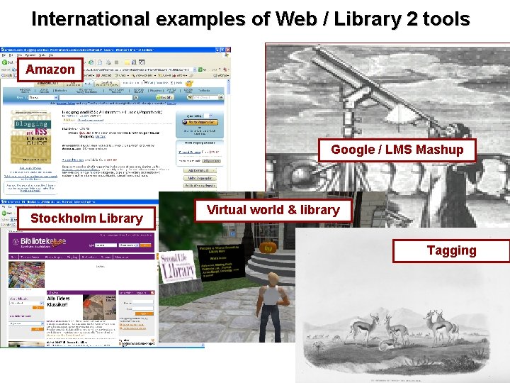 International examples of Web / Library 2 tools Amazon Google / LMS Mashup Stockholm
