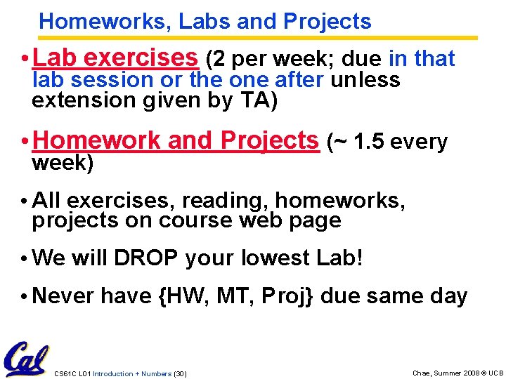 Homeworks, Labs and Projects • Lab exercises (2 per week; due in that lab