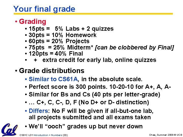 Your final grade • Grading • 15 pts = 5% Labs + 2 quizzes