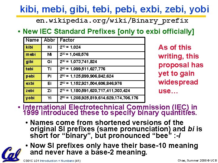 kibi, mebi, gibi, tebi, pebi, exbi, zebi, yobi en. wikipedia. org/wiki/Binary_prefix • New IEC