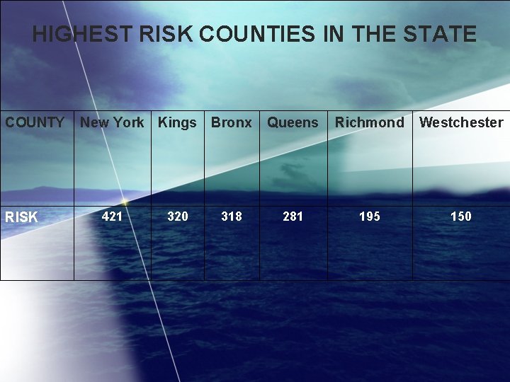 HIGHEST RISK COUNTIES IN THE STATE COUNTY RISK New York Kings Bronx 421 320