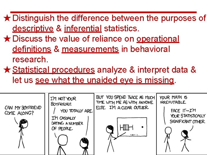 ★ Distinguish the difference between the purposes of descriptive & inferential statistics. ★ Discuss ★ Distinguish the difference between the purposes of descriptive & inferential statistics. ★ Discuss