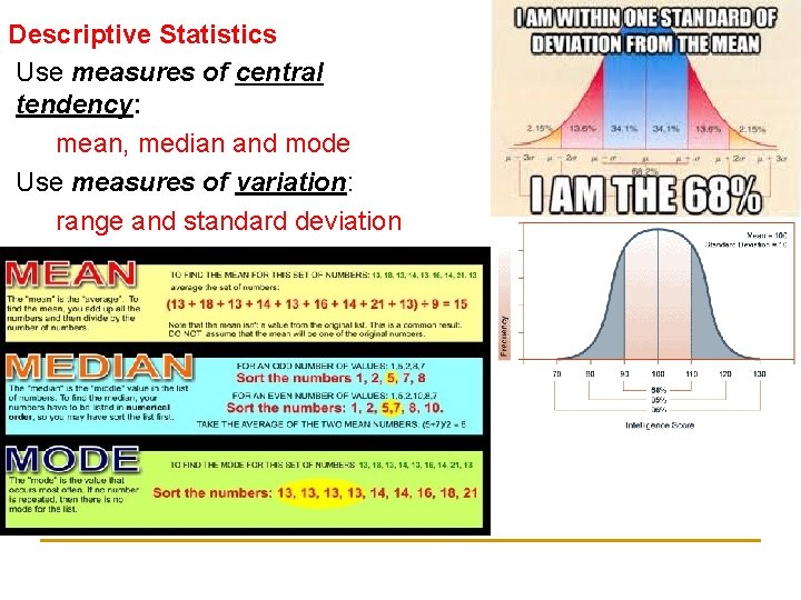 Descriptive Statistics Use measures of central tendency: mean, median and mode Use measures of Descriptive Statistics Use measures of central tendency: mean, median and mode Use measures of