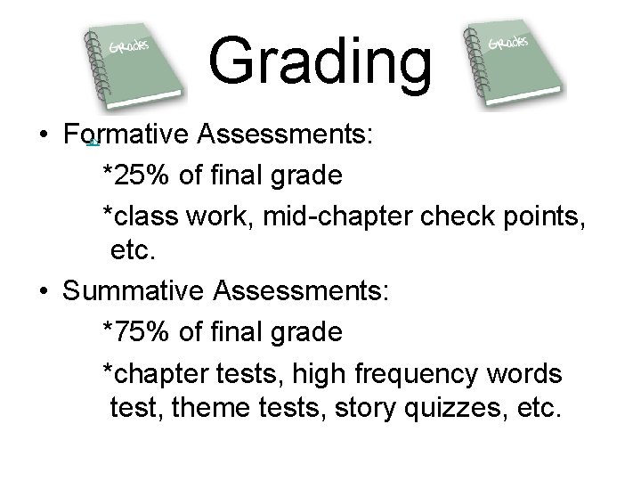 Grading • Formative Assessments: *25% of final grade *class work, mid-chapter check points, etc.