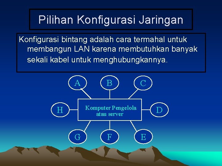 Pilihan Konfigurasi Jaringan Konfigurasi bintang adalah cara termahal untuk membangun LAN karena membutuhkan banyak