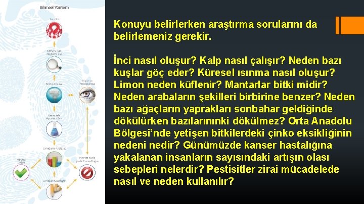 Konuyu belirlerken araştırma sorularını da belirlemeniz gerekir. İnci nasıl oluşur? Kalp nasıl çalışır? Neden Konuyu belirlerken araştırma sorularını da belirlemeniz gerekir. İnci nasıl oluşur? Kalp nasıl çalışır? Neden