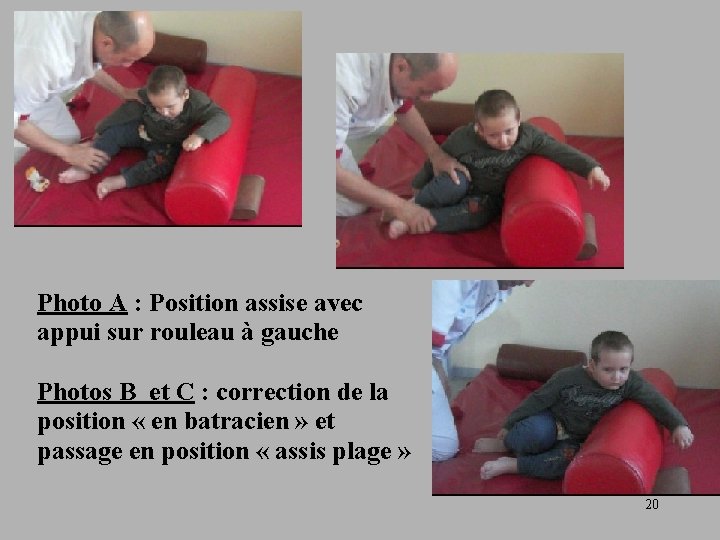 Photo A : Position assise avec appui sur rouleau à gauche Photos B et