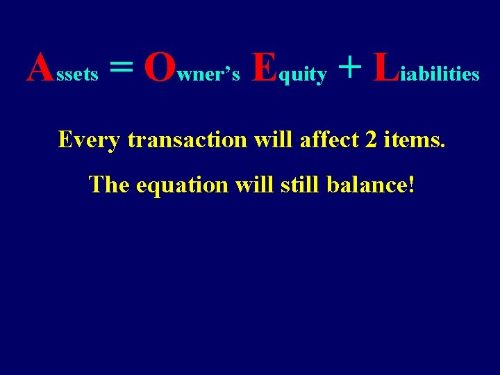 Assets = Owner’s Equity + Liabilities Every transaction will affect 2 items. The equation