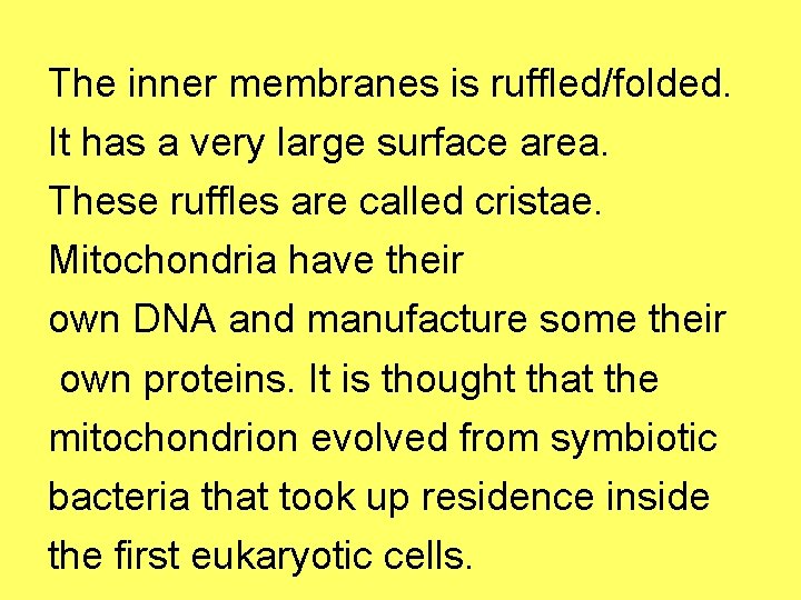The inner membranes is ruffled/folded. It has a very large surface area. These ruffles
