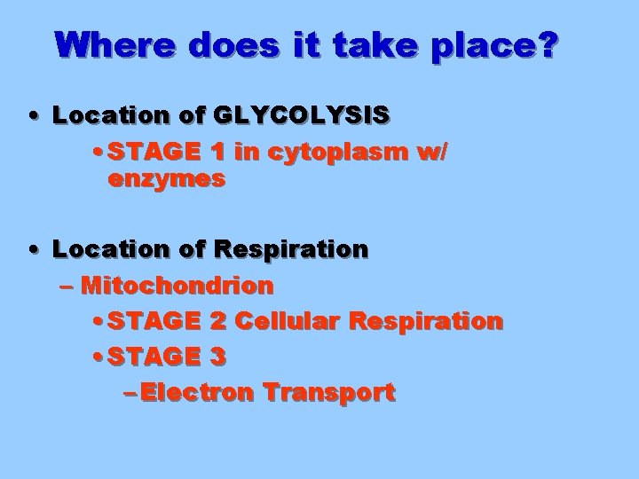 Where does it take place? • Location of GLYCOLYSIS • STAGE 1 in cytoplasm