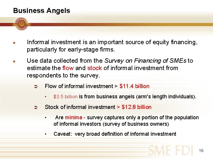 Business Angels Informal investment is an important source of equity financing, particularly for early-stage