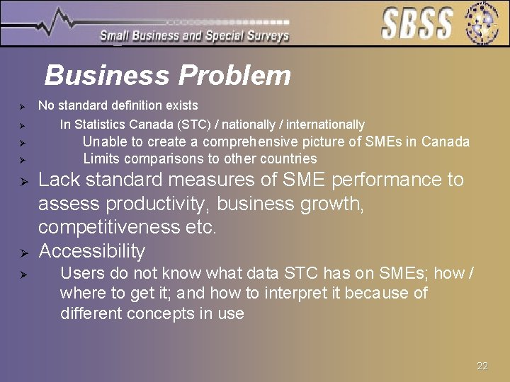 Business Problem Ø Ø Ø Ø No standard definition exists In Statistics Canada (STC)