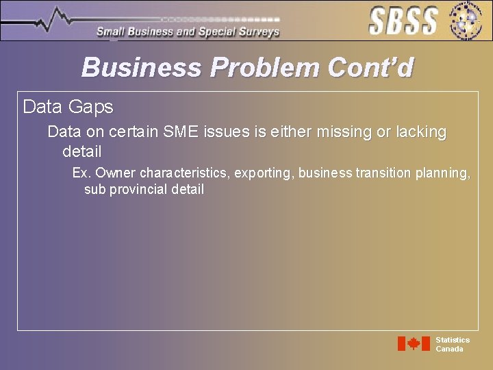 Business Problem Cont’d Data Gaps Data on certain SME issues is either missing or