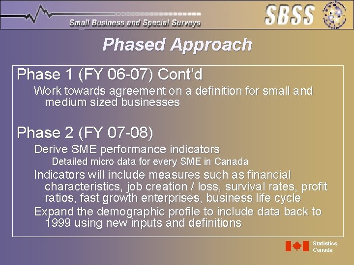 Phased Approach Phase 1 (FY 06 -07) Cont’d Work towards agreement on a definition