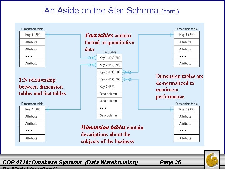 An Aside on the Star Schema (cont. ) Fact tables contain factual or quantitative