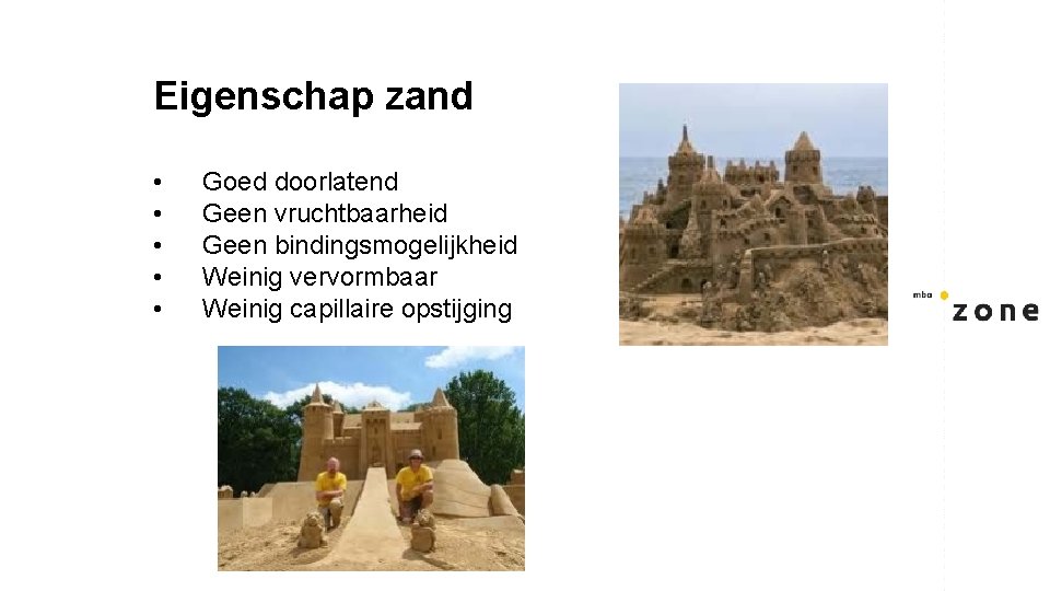 Eigenschap zand • • • Goed doorlatend Geen vruchtbaarheid Geen bindingsmogelijkheid Weinig vervormbaar Weinig