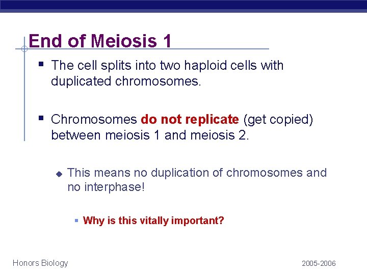 End of Meiosis 1 § The cell splits into two haploid cells with duplicated End of Meiosis 1 § The cell splits into two haploid cells with duplicated