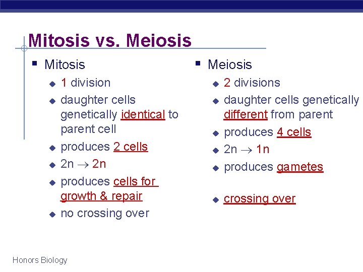 Mitosis vs. Meiosis § Mitosis u u u 1 division daughter cells genetically identical Mitosis vs. Meiosis § Mitosis u u u 1 division daughter cells genetically identical