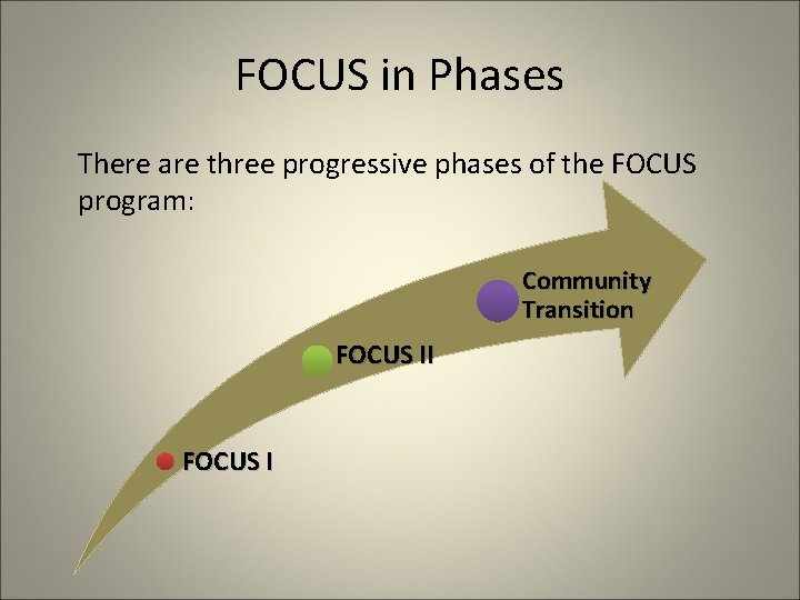 FOCUS in Phases There are three progressive phases of the FOCUS program: Community Transition