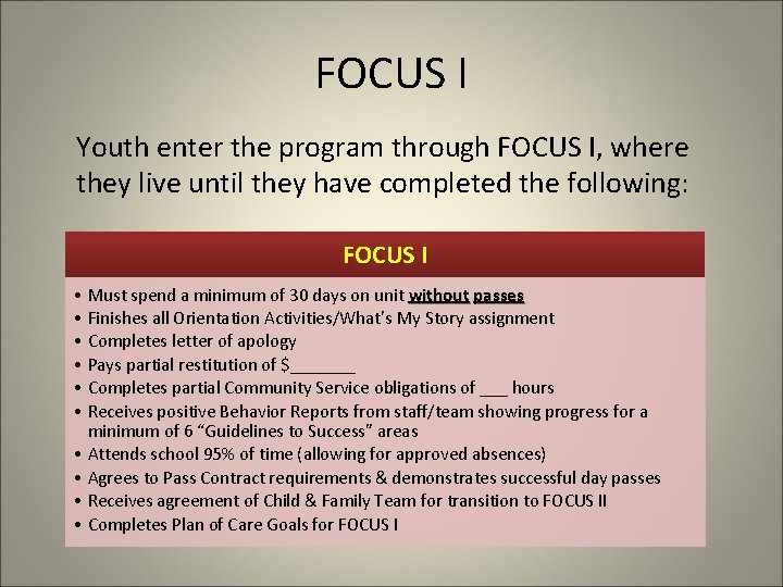 FOCUS I Youth enter the program through FOCUS I, where they live until they