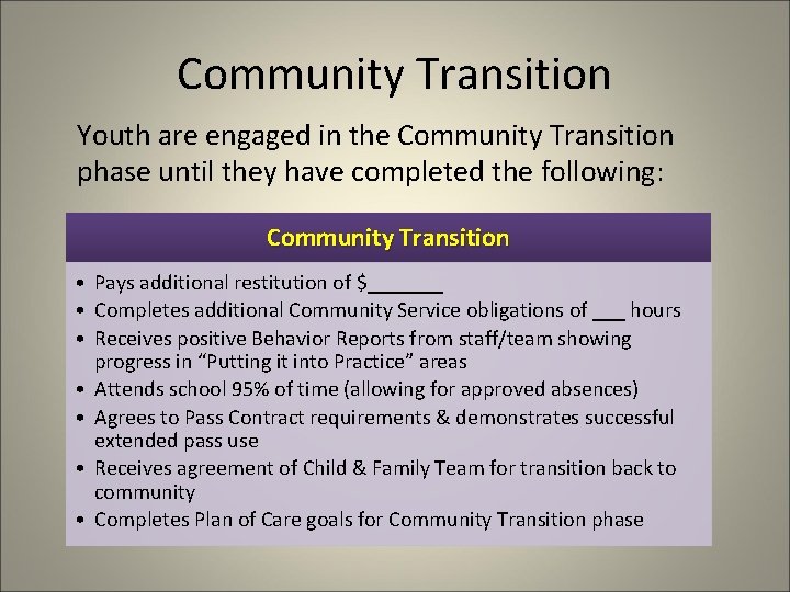 Community Transition Youth are engaged in the Community Transition phase until they have completed