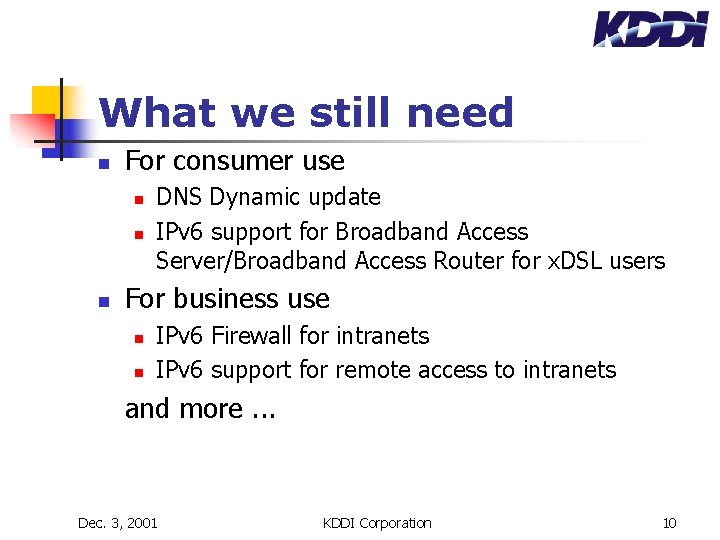 What we still need n For consumer use n n n DNS Dynamic update