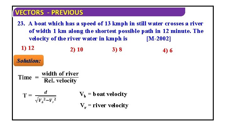 VECTORS - PREVIOUS 23. A boat which has a speed of 13 kmph in