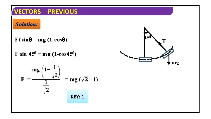 VECTORS - PREVIOUS Solution: 450 Fl sin = mg (1 -cos ) T F