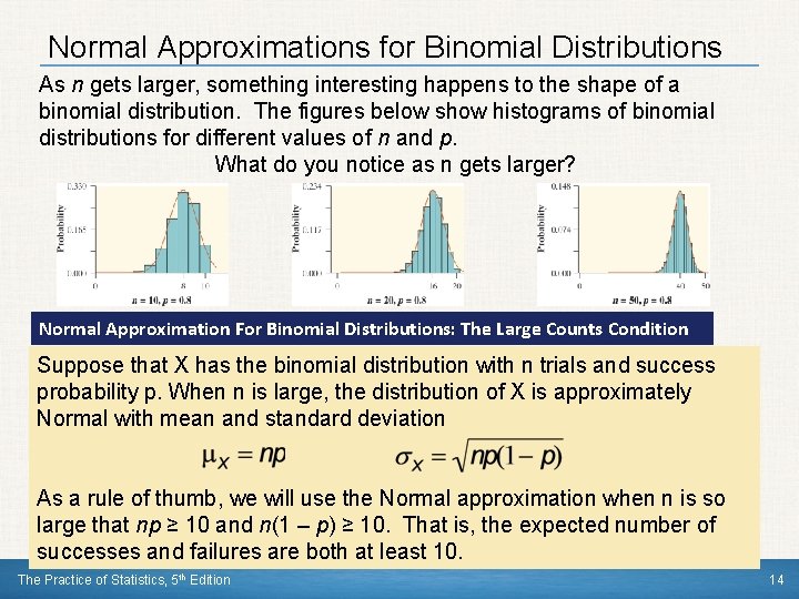 Normal Approximations for Binomial Distributions As n gets larger, something interesting happens to the