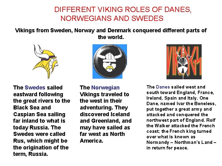 DIFFERENT VIKING ROLES OF DANES, NORWEGIANS AND SWEDES Vikings from Sweden, Norway and Denmark