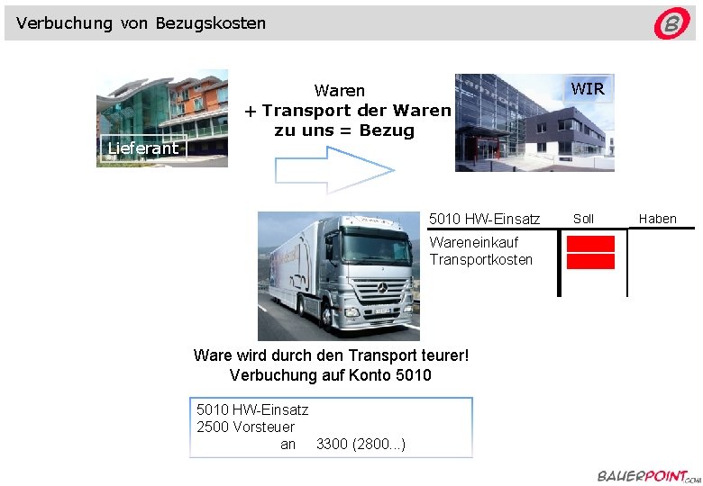 Verbuchung von Bezugskosten Lieferant Waren + Transport der Waren zu uns = Bezug 5010