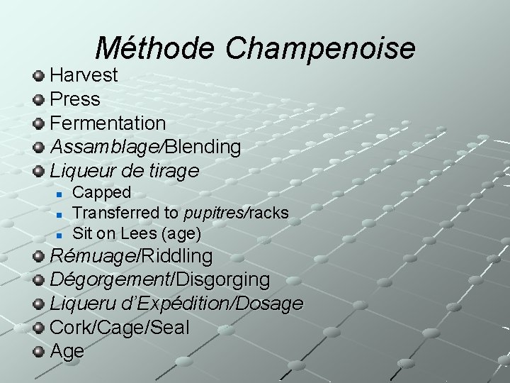 Méthode Champenoise Harvest Press Fermentation Assamblage/Blending Liqueur de tirage n n n Capped Transferred