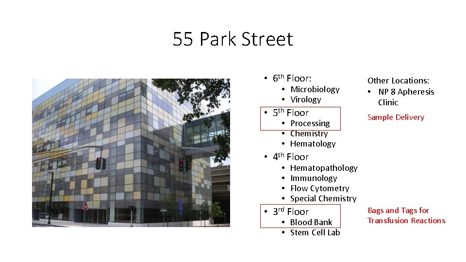 55 Park Street • 6 th Floor: • Microbiology • Virology • 5 th