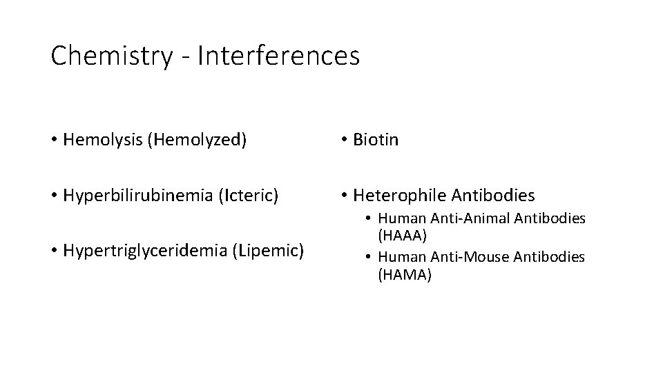 Chemistry - Interferences • Hemolysis (Hemolyzed) • Biotin • Hyperbilirubinemia (Icteric) • Heterophile Antibodies