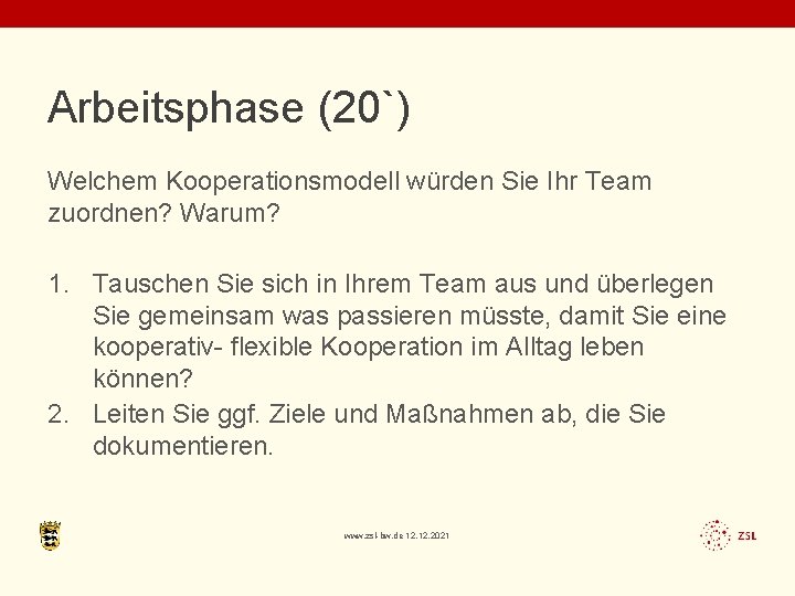 Arbeitsphase (20`) Welchem Kooperationsmodell würden Sie Ihr Team zuordnen? Warum? 1. Tauschen Sie sich