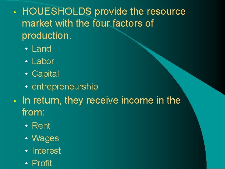• HOUESHOLDS provide the resource market with the four factors of production. • • HOUESHOLDS provide the resource market with the four factors of production. •