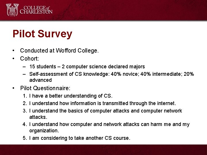 Pilot Survey • Conducted at Wofford College. • Cohort: – 15 students – 2